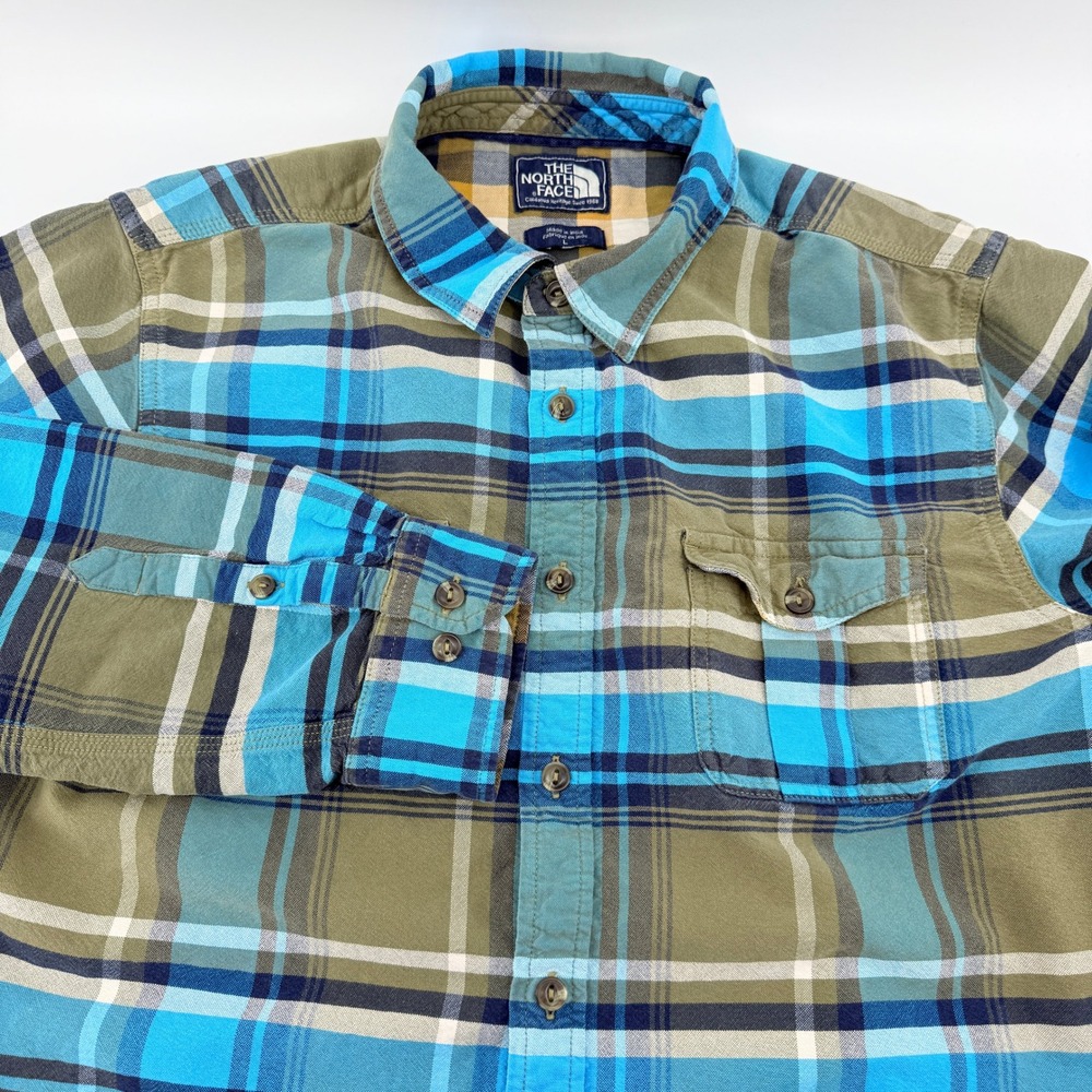 The North Face Flannel Button Down Shirt Mens Large Blue Olive Green Plaid